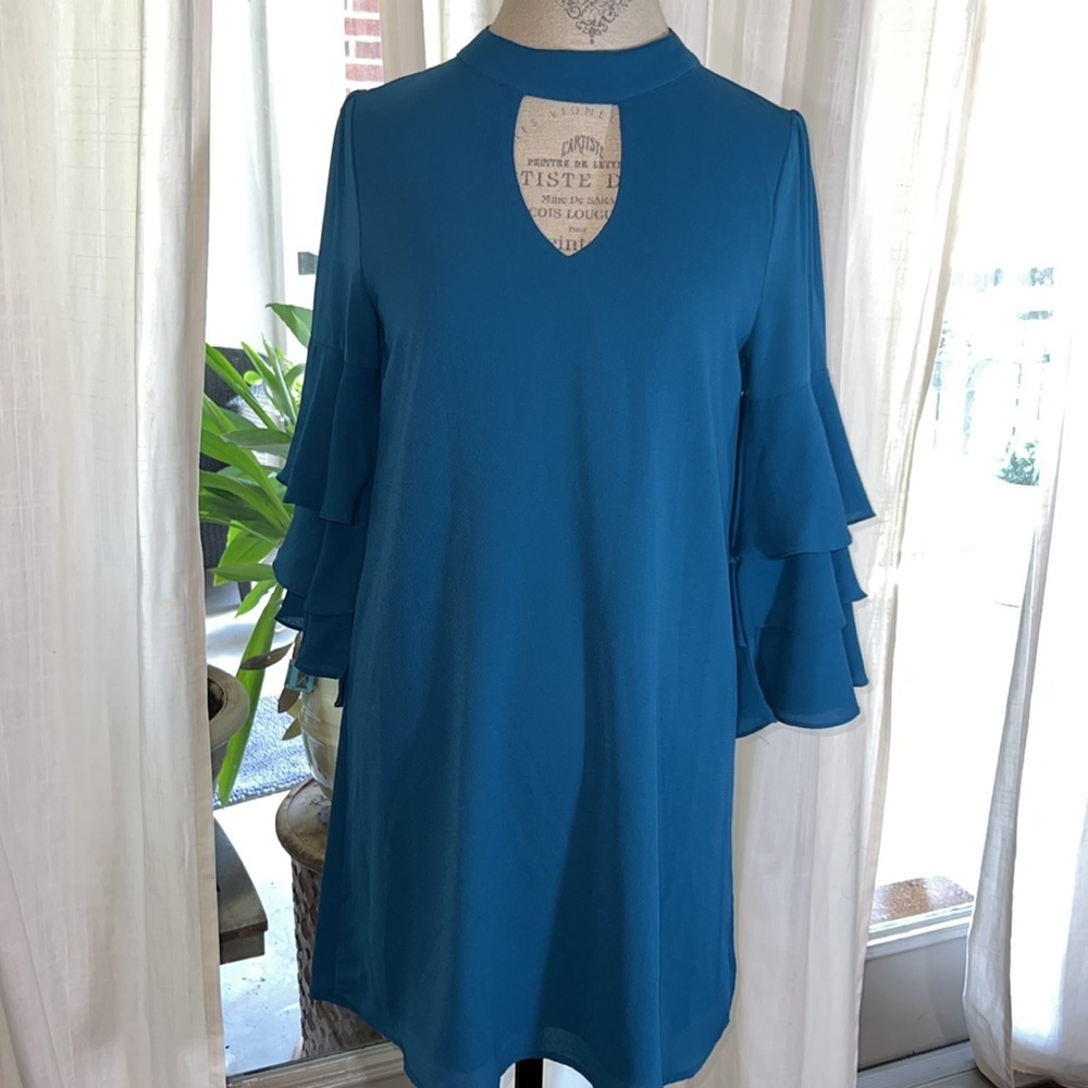 She + Sky ruffle sleeve teal blue women’s dress event outfit casual work Small​ - Picture 2 of 11